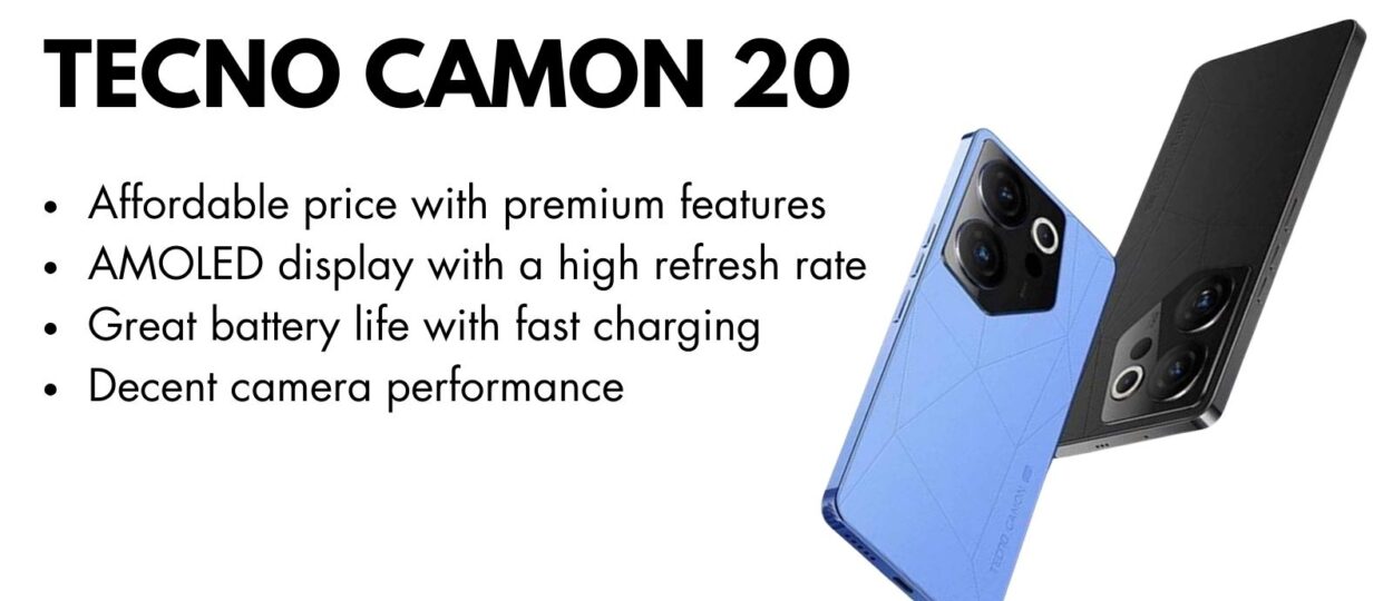 Tecno Camon 20 smartphone with sleek design and advanced camera features.
