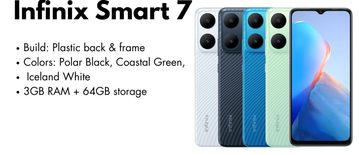 Infinix Smart 7 smartphone – stylish design, powerful battery, and HD+ display.