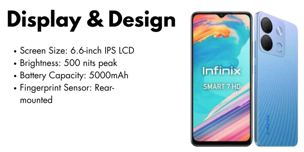 Infinix Smart 7 smartphone with a 6.6-inch HD+ display, dual camera, and stylish design.