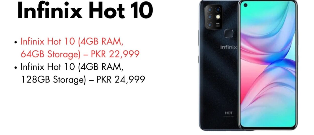 Infinix Hot 10 smartphone with 6.78-inch display, quad-camera setup, and powerful gaming processor.