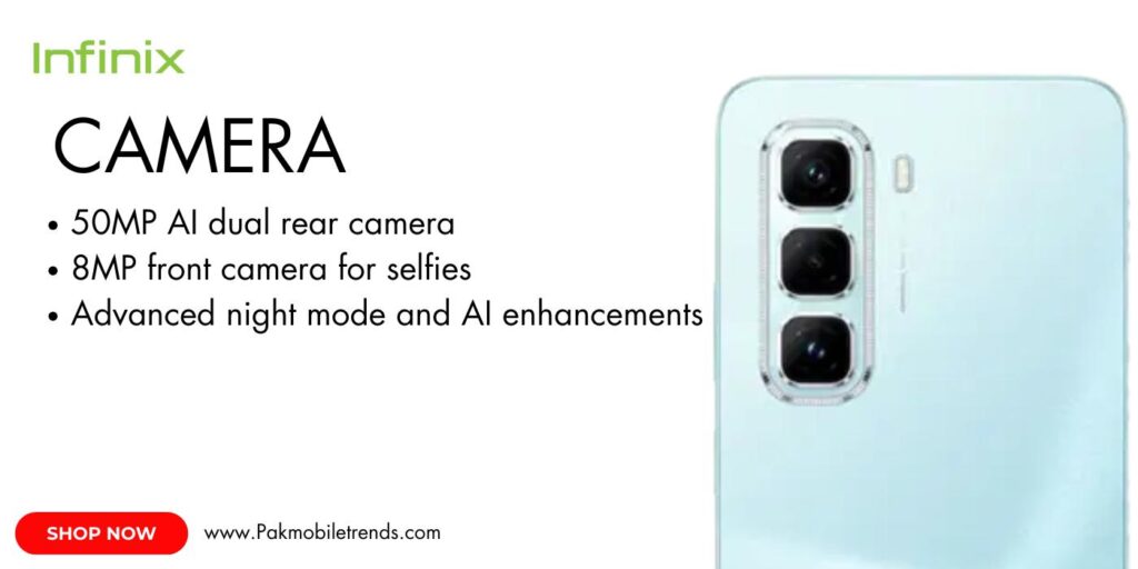 Infinix Hot 50 Pro smartphone showcasing its advanced camera setup with multiple lenses, sleek design, and vibrant display.
