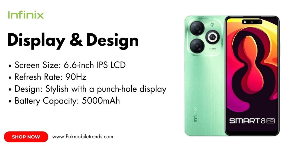 Close-up of the Infinix SMART 8 smartphone showcasing its large 6.6-inch HD+ display with a smooth 90Hz refresh rate, vibrant colors, and a punch-hole camera design.