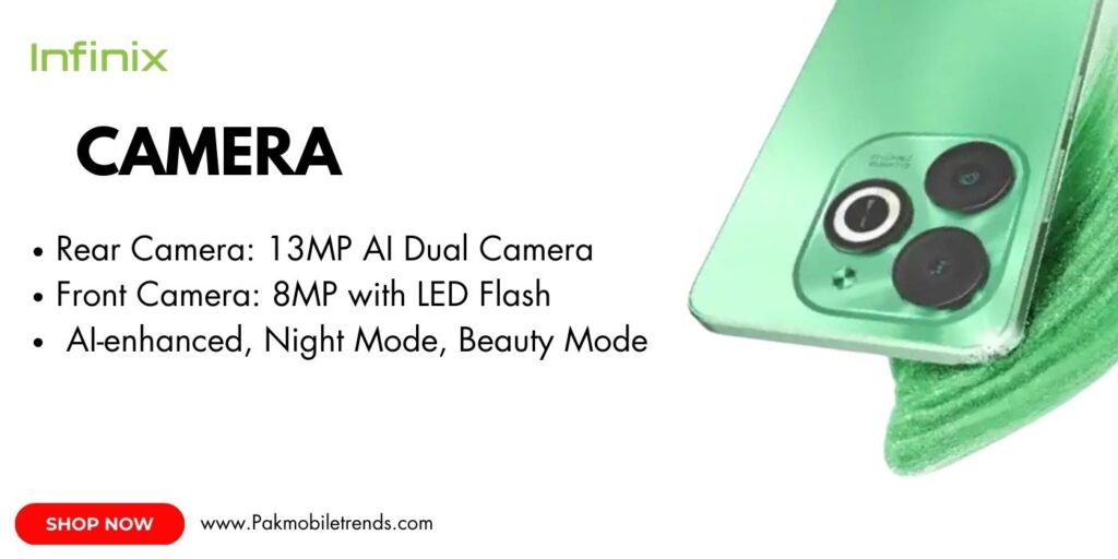 Infinix Smart 8 smartphone showcasing its advanced camera features, including a high-resolution rear camera setup and a front-facing camera for selfies, displayed on a sleek, modern device.