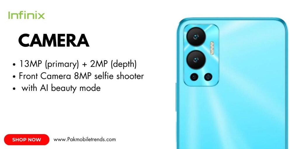 Close-up of the Infinix Hot 12 smartphone showcasing its dual or triple rear camera setup with LED flash, sleek design, and vibrant display.