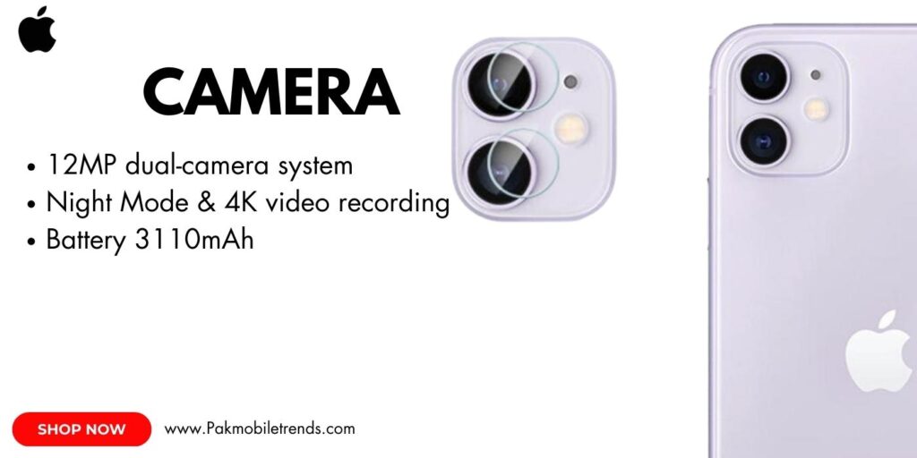 Close-up of the iPhone 11 dual-camera system with a wide and ultra-wide lens, set against a sleek matte finish in a variety of color options