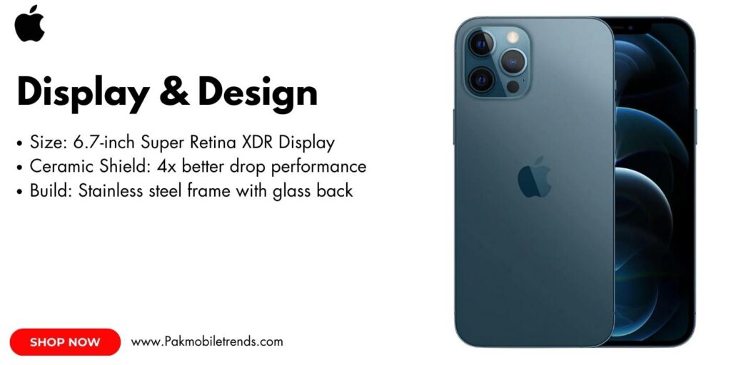 A close-up of the iPhone 12 Pro Max showcasing its 6.7-inch Super Retina XDR display with vibrant colors, deep blacks, and sharp details, highlighting its edge-to-edge design and Ceramic Shield front cover."