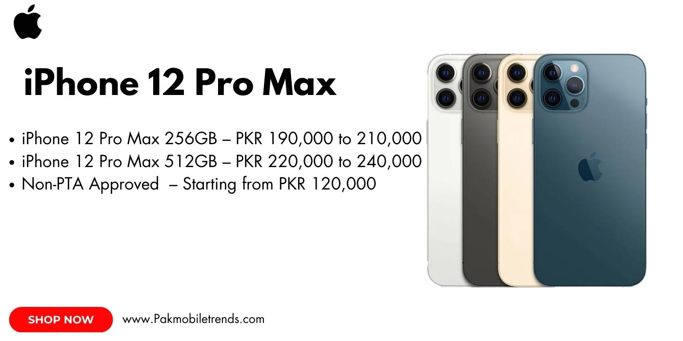 A sleek iPhone 12 Pro Max in Pacific Blue resting on a white surface, showcasing its large 6.7-inch Super Retina XDR display, ceramic shield front cover, and stainless steel design."