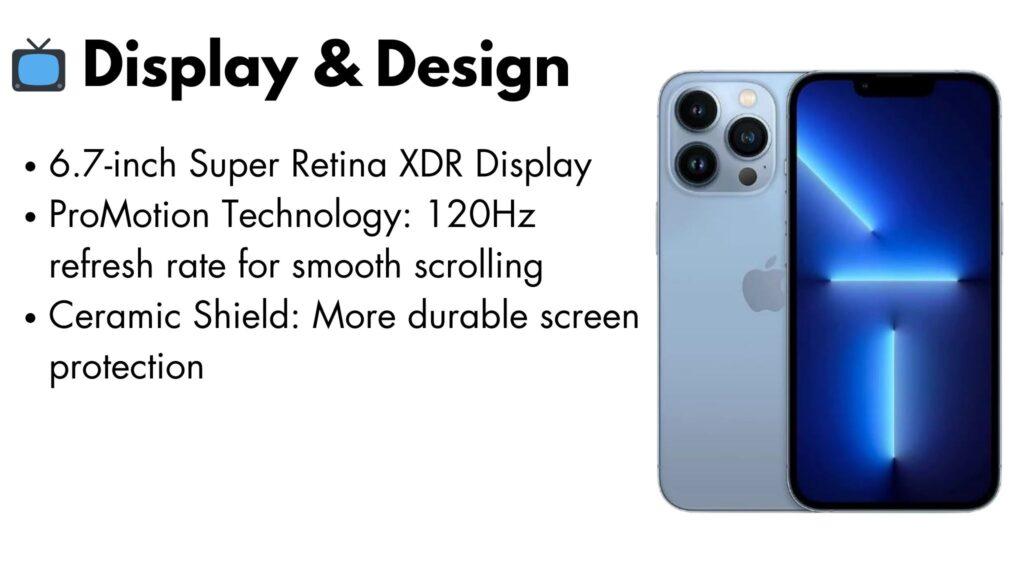 Close-up of an iPhone 13 Pro Max displaying its Super Retina XDR screen with vibrant colors and sleek design.