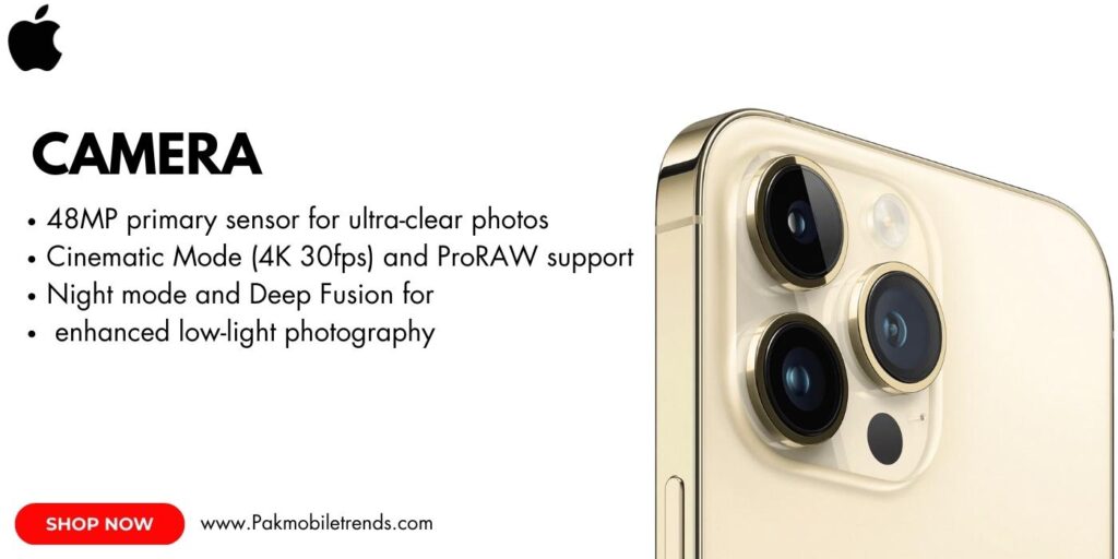 Close-up of the iPhone 14 Pro Max showcasing its advanced triple-camera system with a large primary sensor, ultra-wide lens, and telephoto lens, set against a sleek matte black finish.