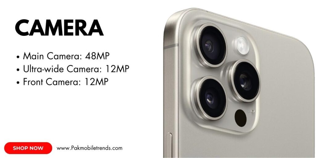 Close-up of the iPhone 15 Pro Max rear camera system, showcasing its triple-lens setup with a large primary sensor, ultra-wide lens, and telephoto lens, set against a sleek titanium frame.