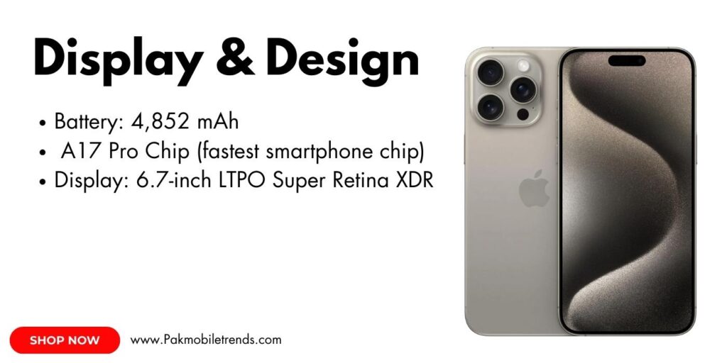 A close-up of the iPhone 15 Pro Max display showcasing its edge-to-edge Super Retina XDR screen with vibrant colors, sharp details, and a sleek titanium frame. The Always-On Display feature is visible, showing the time, widgets, and notifications.