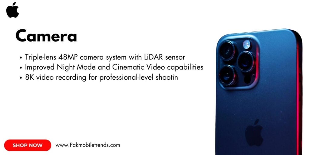 Close-up of the iPhone 16 Pro Max camera system, showcasing its advanced triple-lens setup with a larger primary sensor, enhanced telephoto lens, and ultra-wide lens. The sleek titanium frame and matte glass back highlight the premium design.