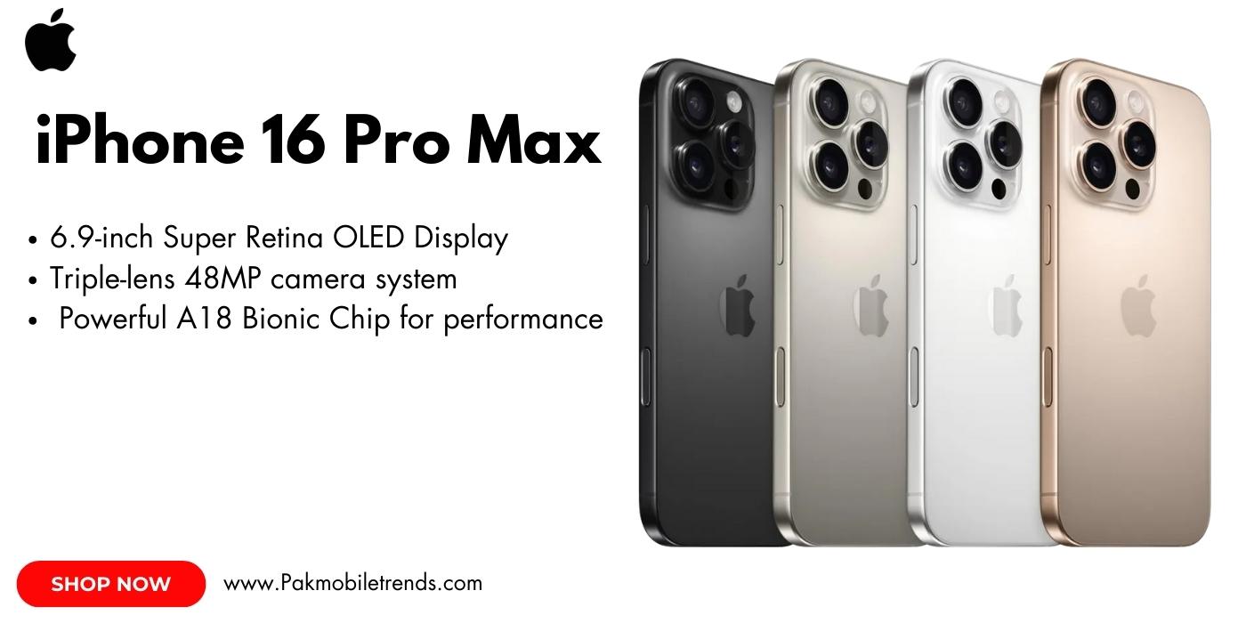 A sleek iPhone 16 Pro Max in Space Black, showcasing its edge-to-edge Super Retina XDR display, titanium frame, and advanced triple-camera system with enhanced low-light capabilities.