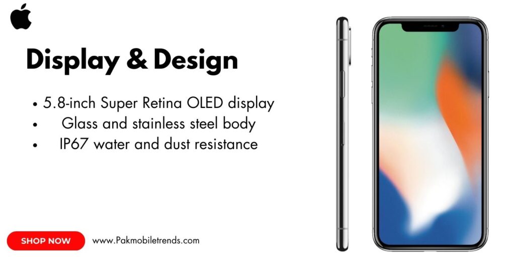 A close-up of the iPhone X edge-to-edge Super Retina HD display with vibrant colors, sharp details, and a notch at the top housing the True Depth camera system."