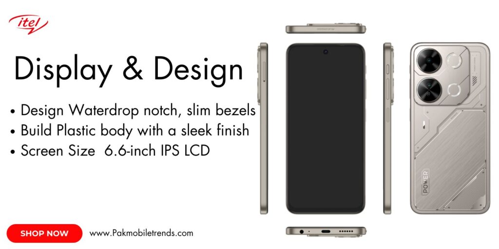 A sleek itel P65 smartphone displayed on a flat surface, showcasing its large HD+ display, dual rear cameras, and gradient design. The phone is powered by a long-lasting battery, ideal for everyday use."