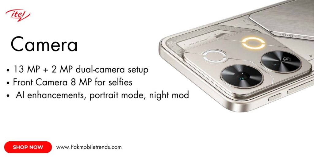 Close-up of the itel P65 smartphone showcasing its dual rear camera setup with LED flash, sleek design, and modern aesthetics.