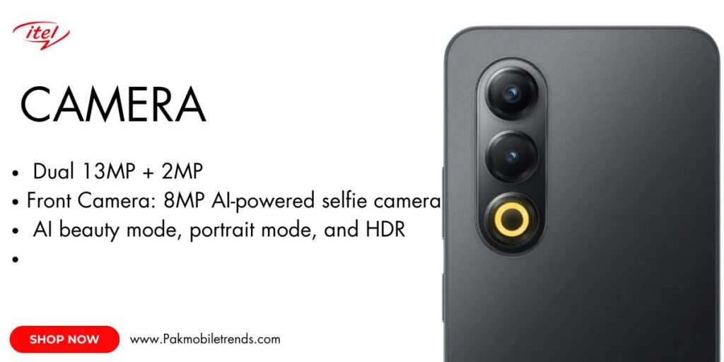 Close-up of the itel S25 smartphone showcasing its high-resolution camera setup with advanced photography features.