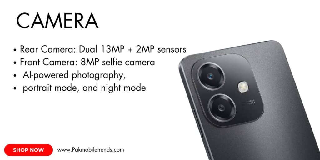 Close-up of the Oppo A3x smartphone showcasing its dual rear camera setup with LED flash, sleek design, and vibrant display for capturing high-quality photos and videos.