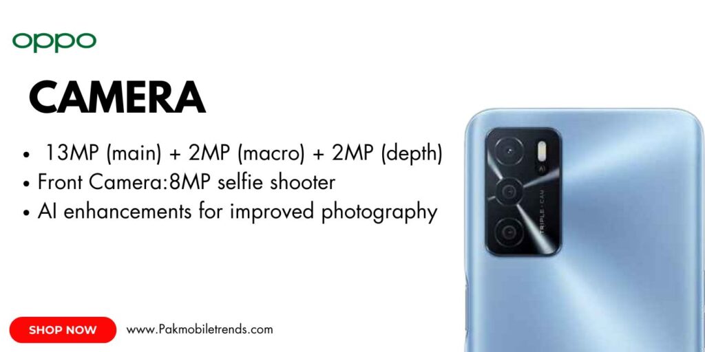 Close-up of the Oppo A16 smartphone showcasing its triple rear camera setup with AI-enhanced photography features, sleek design, and vibrant display.