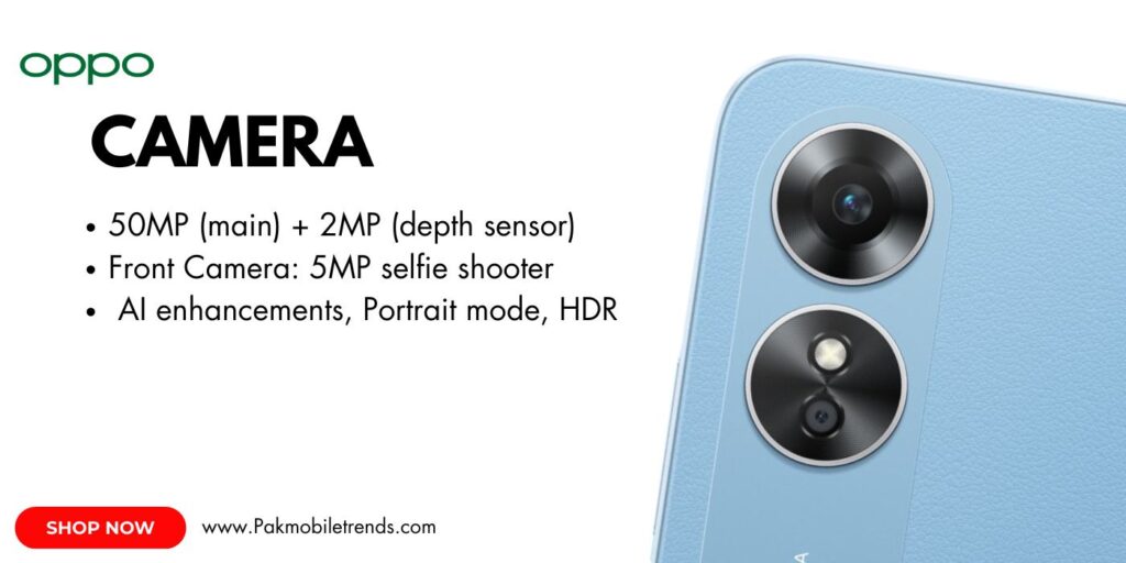 Close-up of the Oppo A17 smartphone showcasing its dual-camera setup with LED flash, highlighting its sleek design and advanced photography features.