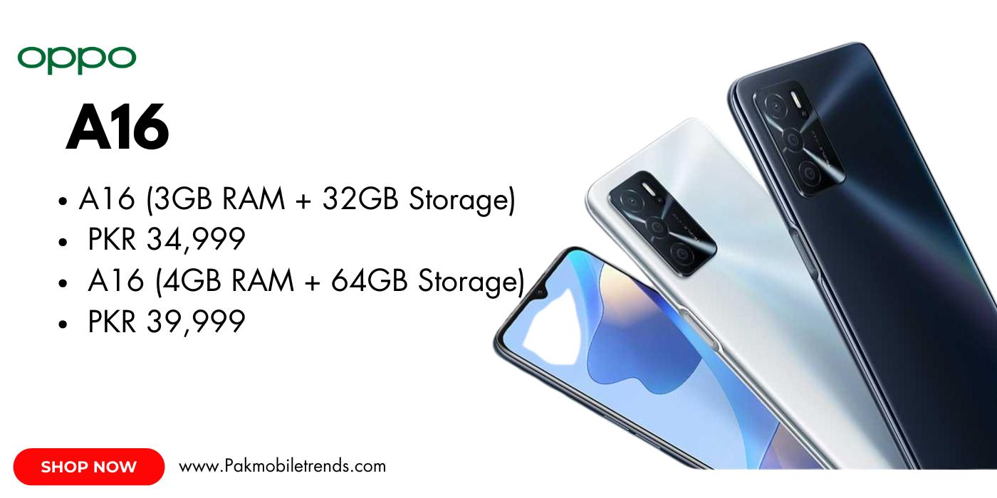 Oppo A16 smartphone in a sleek design, showcasing its large display, triple rear camera setup, and gradient finish, placed on a neutral background.
