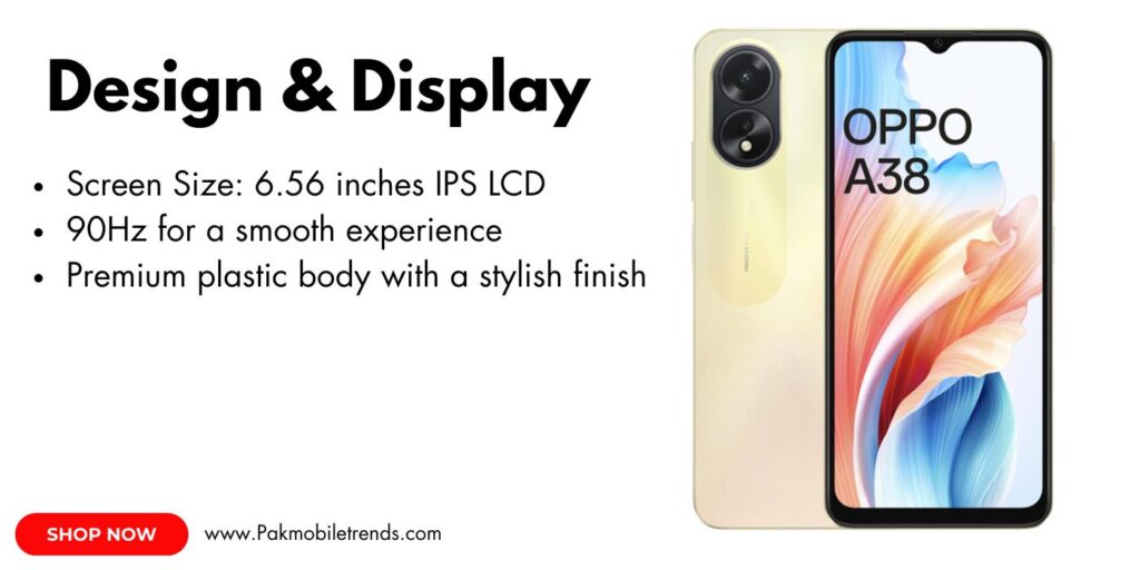 Oppo A38 smartphone showcasing its vibrant 6.5-inch HD+ display with slim bezels and a waterdrop notch for the front camera.