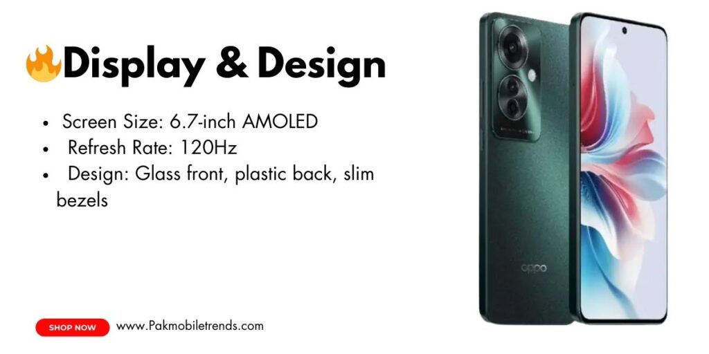 Oppo Reno 11F 5G smartphone with a 6.7-inch AMOLED display, 120Hz refresh rate, and sleek design.