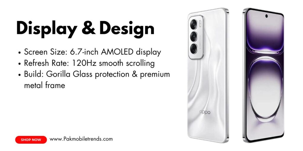 OPPO Reno 12 smartphone showcasing its vibrant 6.7-inch AMOLED display with a 120Hz refresh rate, ultra-slim bezels, and a punch-hole front camera. The screen displays colorful visuals with sharp details and high brightness.