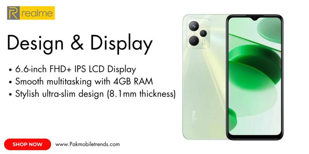 Realme C35 smartphone showcasing its 6.6-inch Full HD+ display with a waterdrop notch, vibrant colors, and slim bezels, ideal for immersive viewing and smooth user experience.