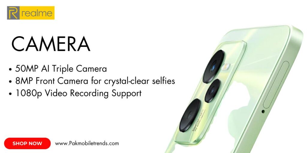 Realme C35 smartphone showcasing its sleek design and advanced camera features, including a high-resolution triple-camera setup, perfect for capturing stunning photos and videos.
