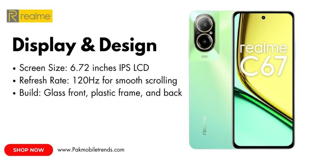 Realme C67 smartphone showcasing its vibrant 6.72-inch FHD+ display with a 90Hz refresh rate, featuring slim bezels and a centered punch-hole camera.