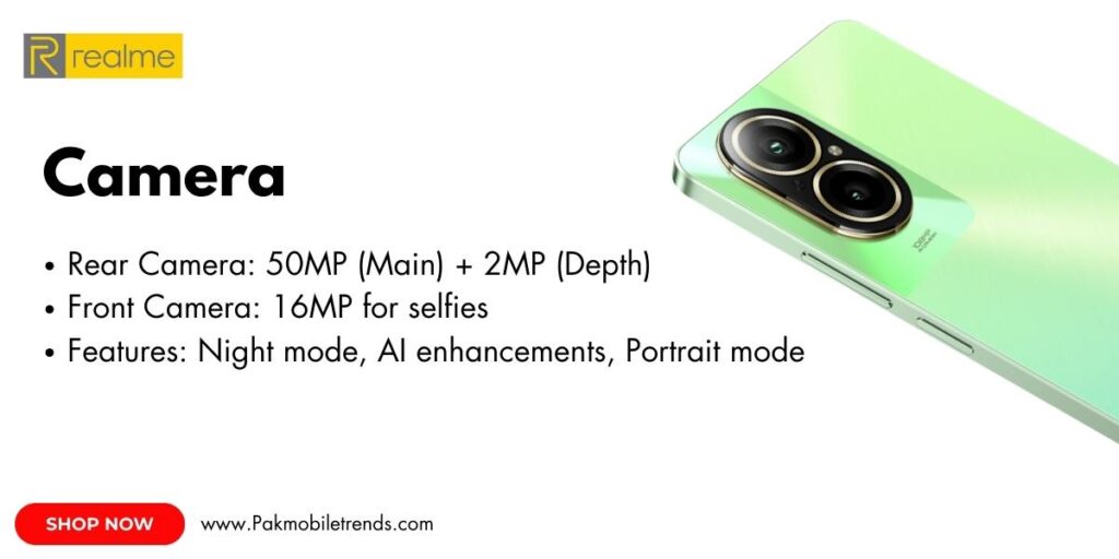 Close-up of the Realme C67 smartphone showcasing its dual-camera setup with AI-powered features, sleek design, and vibrant display