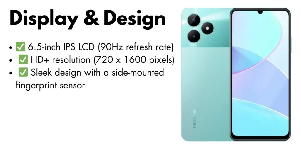 Realme Note 50 smartphone featuring a 6.74-inch 90Hz display, showcased in Midnight Black.