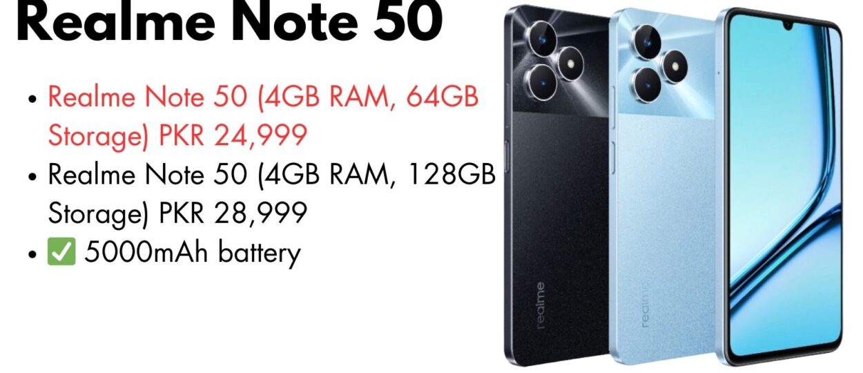 Realme Note 50 smartphone showcasing its 6.74-inch display and sleek design