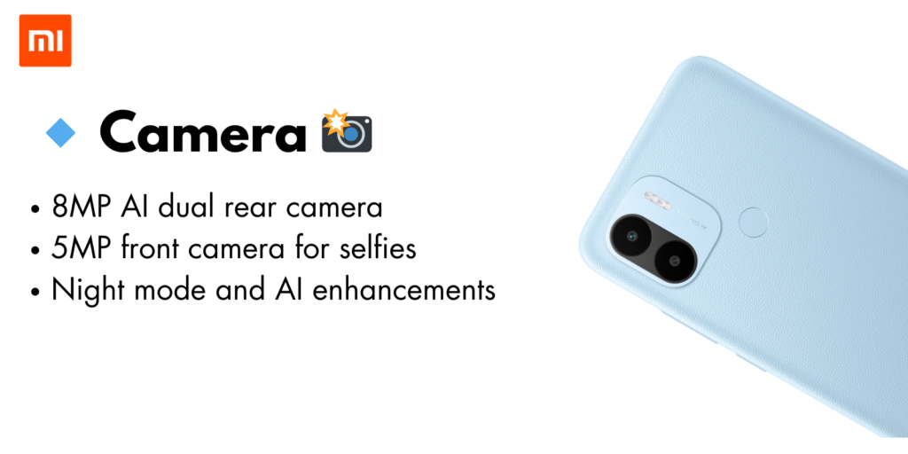 Close-up view of the Redmi A2 Plus rear camera setup, showcasing its AI-powered dual camera system for enhanced photography.