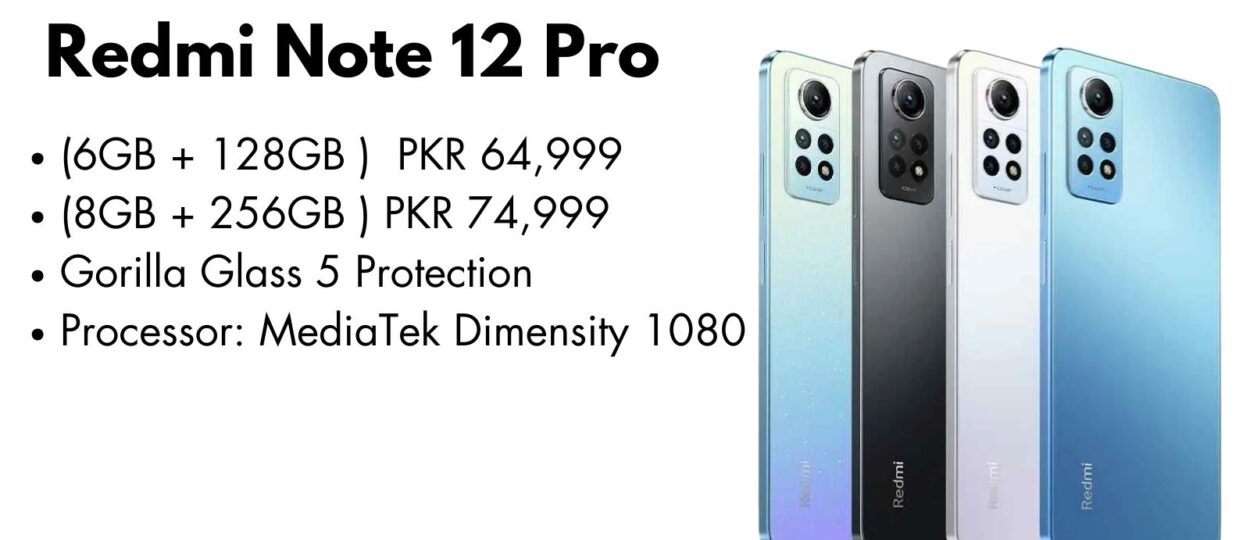 Redmi Note 12 Pro smartphone showcasing its sleek design, high-resolution camera, and vibrant display.