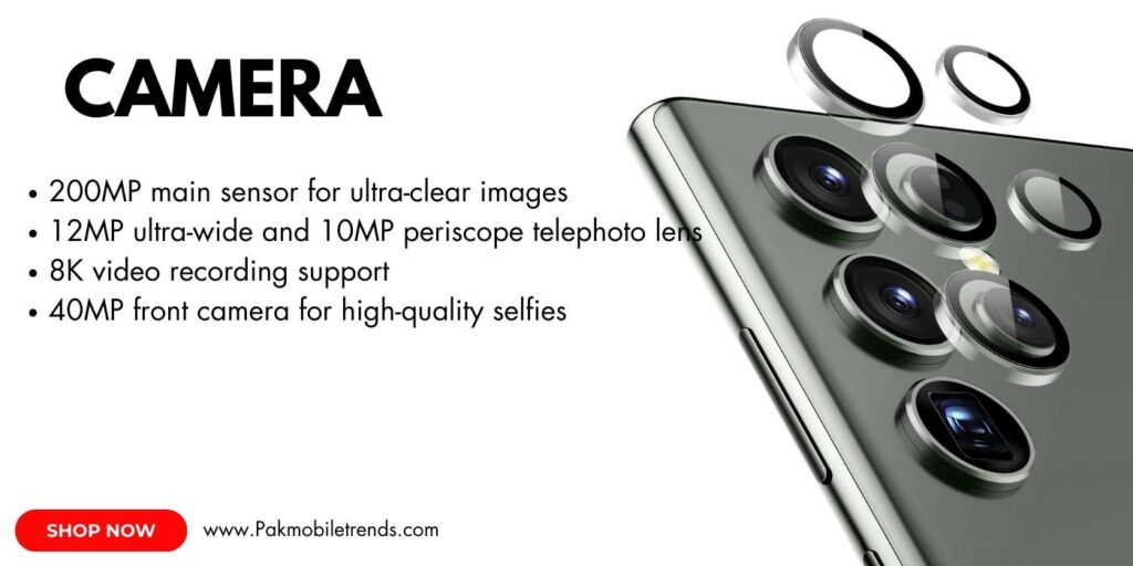 A close-up of the Samsung Galaxy S23 Ultra's quad-camera system, featuring a 200MP main sensor, ultra-wide lens, and dual telephoto lenses, set against a sleek, dark smartphone body with a minimalist design