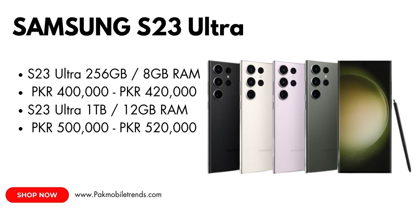 A sleek Samsung Galaxy S23 Ultra smartphone in Phantom Black, showcasing its large 6.8-inch Dynamic AMOLED 2X display, quad-camera system with a 200MP main sensor, and premium metal frame. The phone is displayed on a dark background, highlighting its modern design and advanced features.