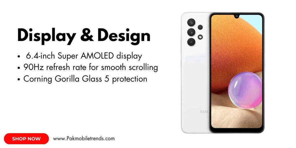 Samsung Galaxy A32 smartphone displaying vibrant colors on its 6.4-inch Super AMOLED screen with a small centered punch-hole camera.