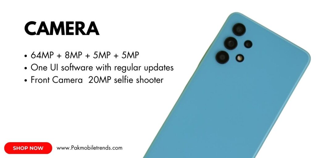 Samsung Galaxy A32 smartphone showcasing its quad-camera setup with a sleek design, featuring a 64MP main camera, ultra-wide lens, macro lens, and depth sensor.