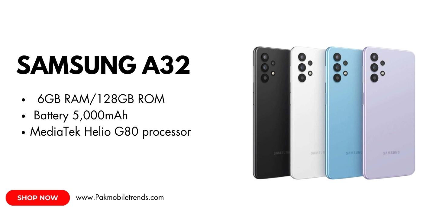 A sleek Samsung Galaxy A32 smartphone displayed on a white background, showcasing its modern design, vibrant display, and quad-camera setup.