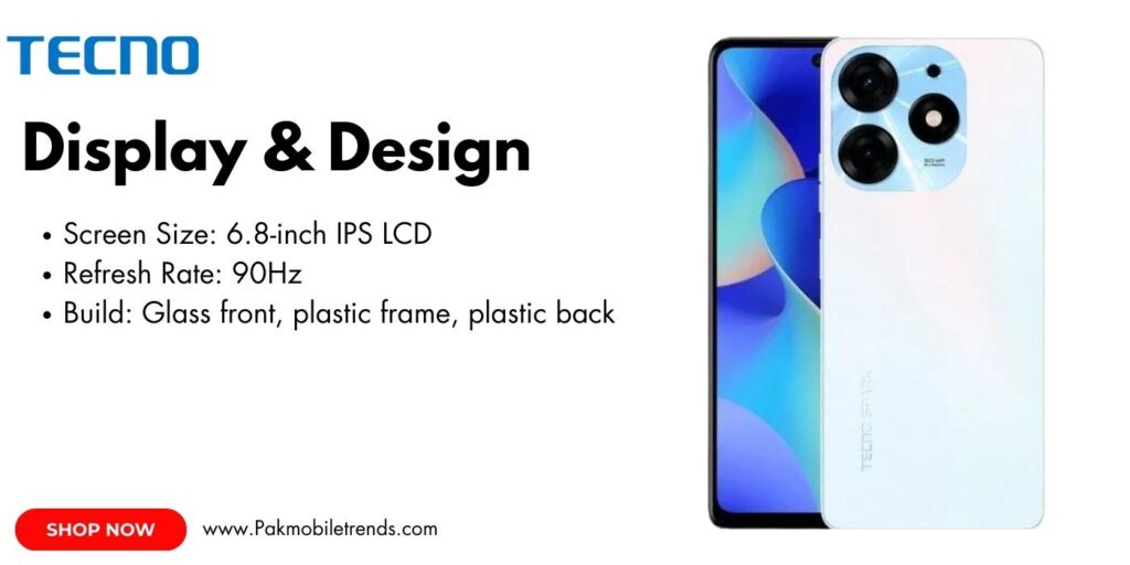 Close-up of the Tecno Spark 10 Pro smartphone showcasing its large 6.8-inch HD+ display with a smooth 90Hz refresh rate, vibrant colors, and a small centered punch-hole camera for immersive viewing