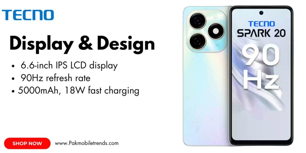 Tecno Spark 20 smartphone featuring a large 6.8-inch HD+ display with a 90Hz refresh rate, vibrant colors, and a waterdrop notch for the front camera.