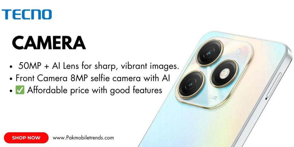 Close-up of the Tecno Spark 20 smartphone showcasing its high-resolution dual or triple rear camera setup with LED flash, sleek design, and vibrant color options