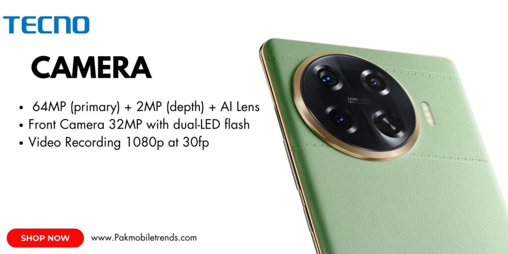 Close-up of the Tecno Spark 20 Pro smartphone showcasing its advanced triple-camera setup with AI capabilities, LED flash, and sleek design.