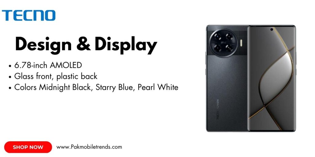 TECNO Spark 20 Pro+ smartphone featuring a large 6.78-inch FHD+ AMOLED display with a 120Hz refresh rate, curved edges, and a punch-hole camera for an immersive viewing experience.