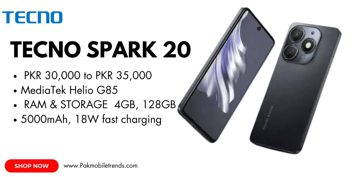Tecno Spark 20 smartphone featuring a sleek design, large display, dual rear cameras, and vibrant color options, showcasing its modern and stylish aesthetics.