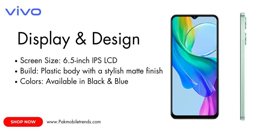 Vivo Y03 smartphone featuring a 6.56-inch HD+ display with a waterdrop notch, vibrant colors, and a smooth 90Hz refresh rate for an immersive viewing experience.