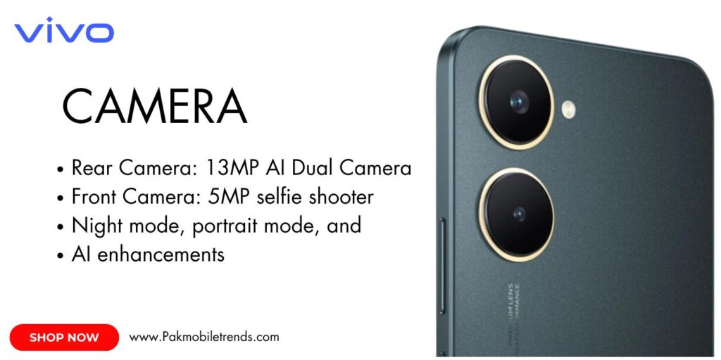 Close-up of the Vivo Y03 smartphone showcasing its sleek design and advanced camera features, perfect for capturing high-quality photos and videos.