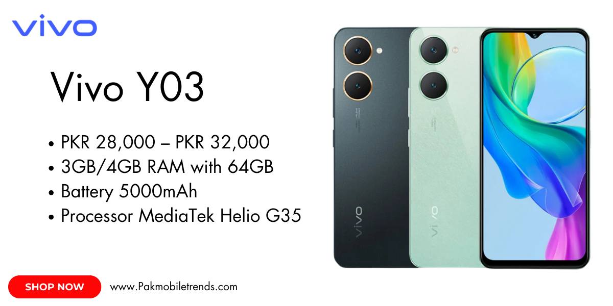 Vivo Y03 smartphone displayed on a flat surface, showcasing its sleek design, large display, and dual-camera setup. The device is shown in a stylish color variant with a glossy finish, highlighting its modern aesthetics.
